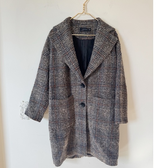 Zara Alpaca Wool Tweed Plaid Coat 2 Button Overcoat sz S - Picture 2 of 11